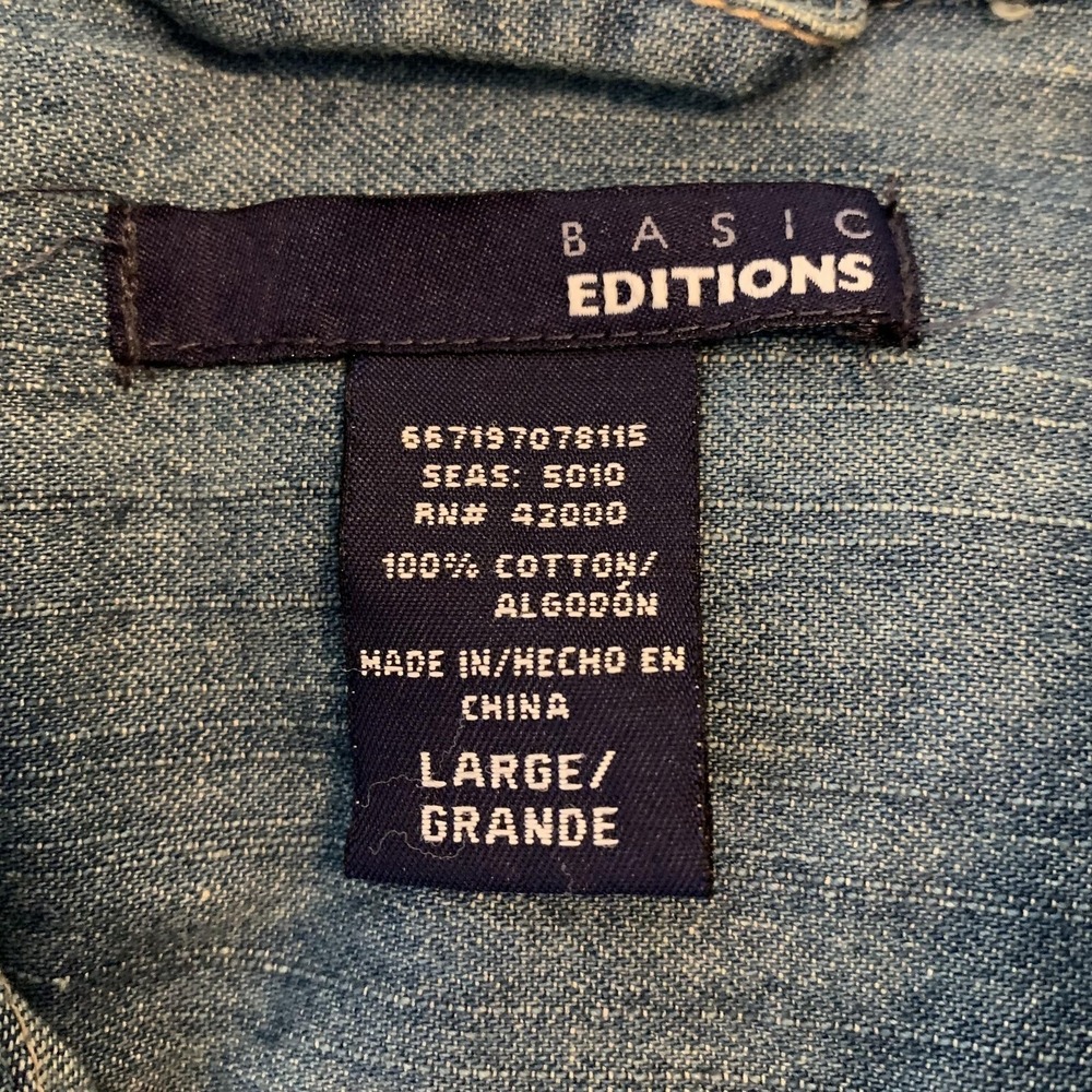 K-Mart Basic Editions Shirt Mens Large Blue Denim Button Front Long Sleeve NWT - Picture 3 of 5